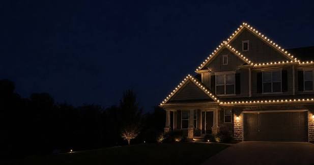 Stone home with warm white lights tracing the gables at night